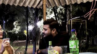 The guy is walking the girl around the garden and asking her to fuck him